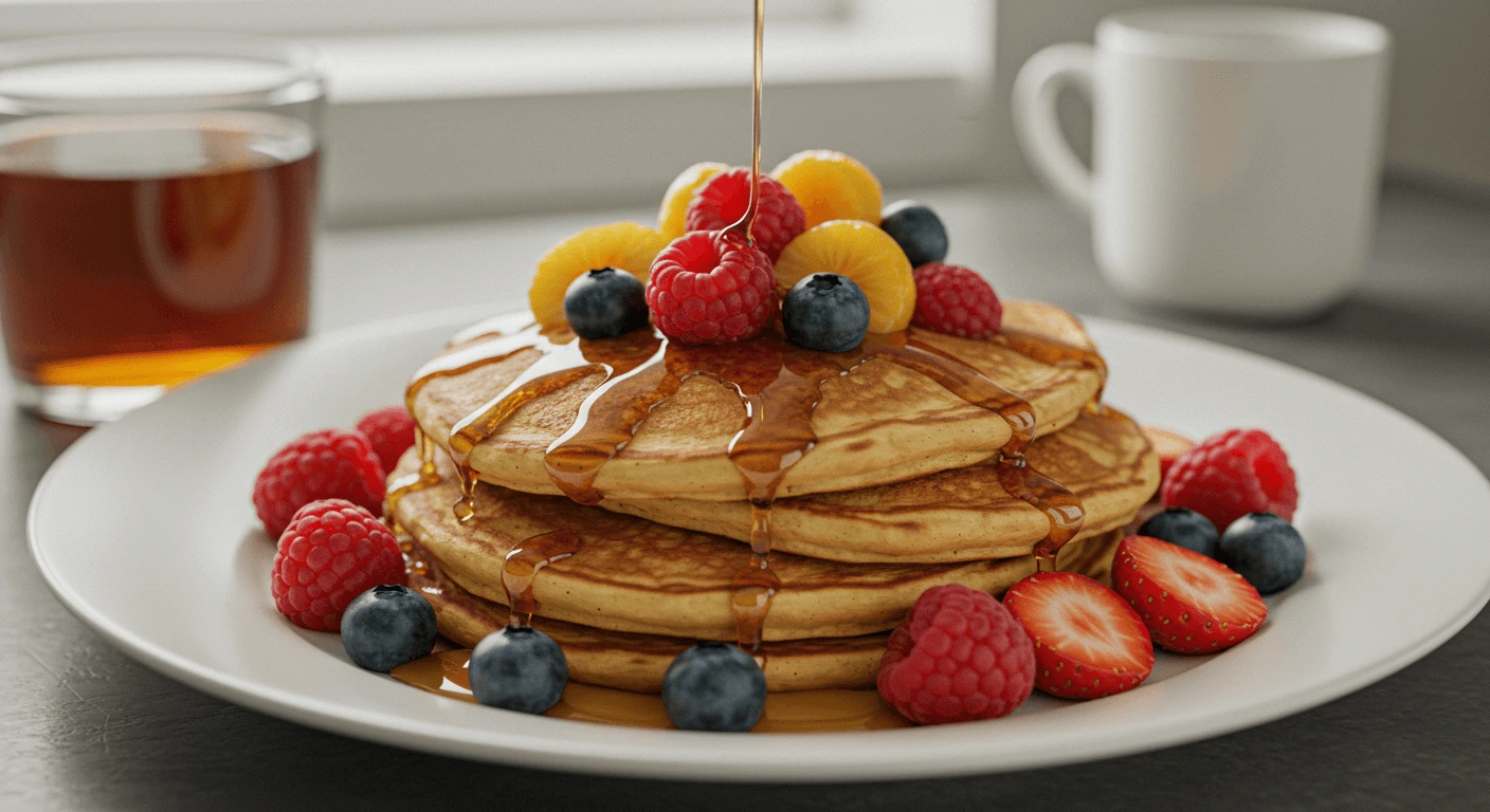 Stack of golden fluffy pancakes topped with fresh berries and drizzled with maple syrup, served on a white plate with a glass of juice and a cup of coffee in the background.