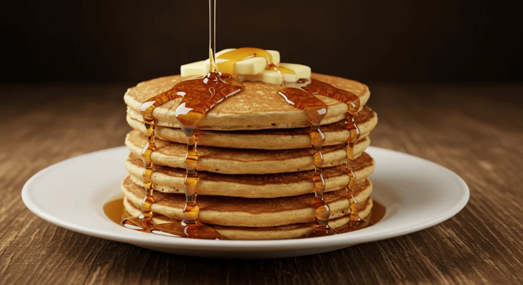 A stack of golden fluffy pancakes drizzled with maple syrup and topped with butter cubes, served on a white plate against a warm wooden background.