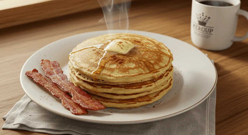 A steaming stack of pancakes topped with melting butter and drizzled with maple syrup, served with crispy bacon strips on a white plate and accompanied by a cup of coffee.