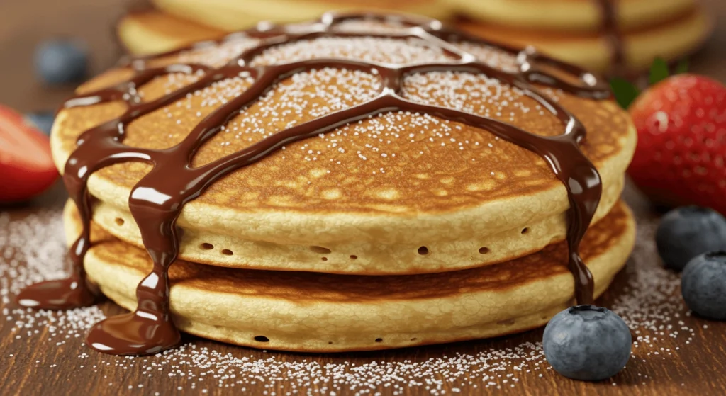 Two golden pancakes drizzled with rich chocolate syrup and sprinkled with powdered sugar, surrounded by fresh strawberries and blueberries on a wooden surface.