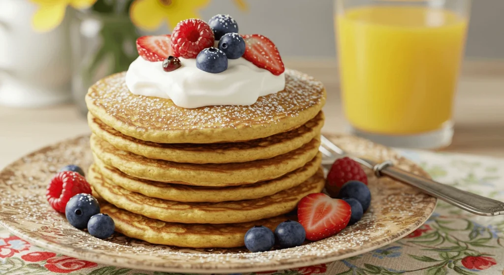 A tall stack of golden pancakes topped with whipped cream, fresh raspberries, blueberries, and strawberries, dusted with powdered sugar, served on a floral-patterned plate with a glass of orange juice in the background.